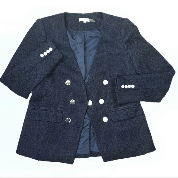 CalvinKlein Navy Long Sleeves Tweed-Like Buttons Blazer Jacket Sz12 Flap Pockets - Picture 14 of 16